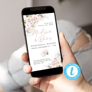 Pink Floral Rehearsal Dinner Invitation - Two Formats | Night Before Invite and Evite | Editable Template | Templett | Pink Roses
