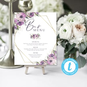 Letrero de menú de bar con flores moradas / EDITAR con Templett / Dos tamaños de plantilla / Letrero de bebidas para bodas / Flores moradas / Letrero editable