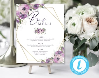 Purple Floral Bar Menu Sign | EDIT with Templett | Two Template Sizes | Wedding Drinks Sign | Purple Blooms | Purple Flowers | Editable Sign