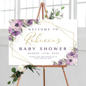 Lila Blumen-Babyparty-Willkommensschild und Bonus zum Ausdrucken | Digitaler Download |Dusche Herzlich Willkommen | Personalisiert | Lila Blumen