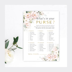 Spel roze bloemen vrijgezellenfeest | Wat zit er in je portemonnee? Spelkaarten | Blush rozen groen | Roze rozen | Direct downloaden | DIY-afdrukbaar