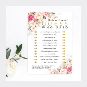 Pink Floral Bridal Shower Game | Guess Who Said | 5 x 7 Cards | Romantic Blooms Greenery | Pink Roses | Instant Download | He Said She Said