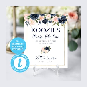 Wedding Koozies Sign | EDIT with Templett | Two Print Sizes | Instant Download | Wedding Koozies | Cream Roses | Greenery | Printable