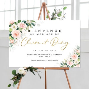 Bienvenido a la boda con flores rosas y bono imprimible / personalizado / póster de bienvenida / flores etéreas verdes / rosas rosadas