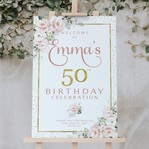 Panneau de bienvenue floral rose et cadeau d'anniversaire à imprimer | Téléchargement numérique | Bienvenue florale | Anniversaire personnalisé | Roses roses | Roses roses