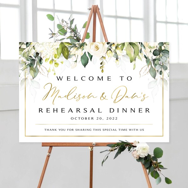 Greenery Rehearsal Dinner Welcome Sign and Bonus Printable | Digital Download | Rehearsal Dinner Decor | Cream Roses | White Roses