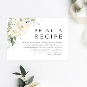 Greenery Please Bring a Recipe Card | 3.5 x 5 Card | Bring a Recipe Insert | Cream Roses | White Roses | Instant Download | DIY Printable