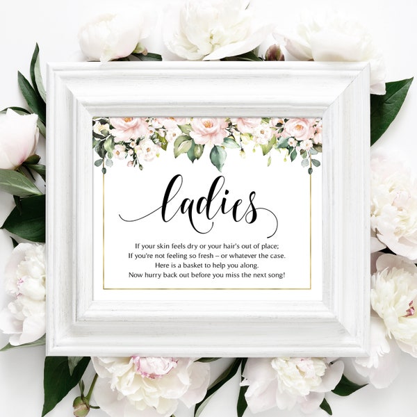 Ladies Bathroom Sign | Wedding Bathroom | Restroom | Bathroom Basket | Help Yourself | Blush Roses | Pink Roses | Instant Download