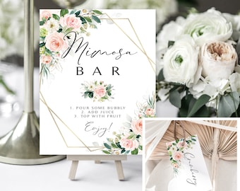 Pink Floral Mimosa Bar Sign and Juice Tags | Shower Drinks  | Ethereal Blooms | Greenery | Pink Roses | Instant Download | DIY Printable