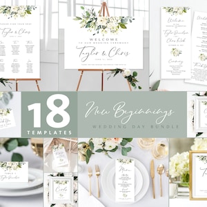 Greenery Wedding Templates Bundle | Wedding Day Sign Bundle | Wedding Stationery | 18 Templates | Cream Roses | White Roses | Templett