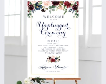 Burgundy and Navy Welcome to Our Unplugged Ceremony Sign | Various Sizes | Personalized | Custom Sign | Burgundy and Navy | Marsala Floral |
