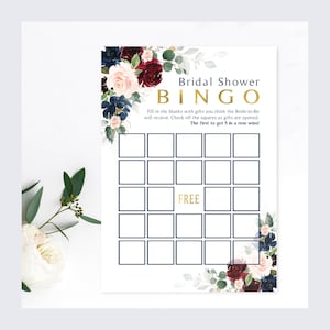 Juego de despedida de soltera en burdeos y azul marino / Juego de bingo / Tarjetas de juego de 5 x 7 / Flores azules / Juego de regalos / Descarga instantánea / Imprimible para hacer uno mismo