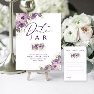 Ideias para potes de tâmaras florais roxas | Conjunto de placas e cartões | Flores roxas | Flores roxas | Download instantâneo | Atividade para chá de bebê | Decoração para chá de panela