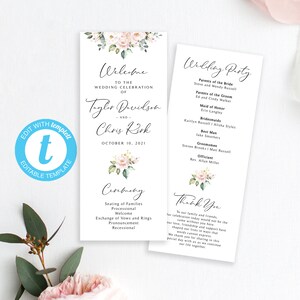 Pink Floral Wedding Program: Editable Template (Instant Download)