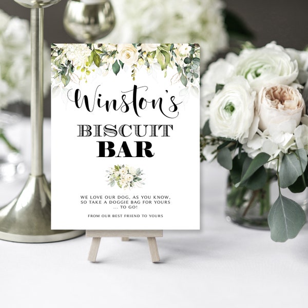 Enseigne Greenery Biscuit Bar | 8 x 10 | personnalisez-les avec le nom de votre chien | Roses crème | Verdure | roses blanches | DIY imprimable