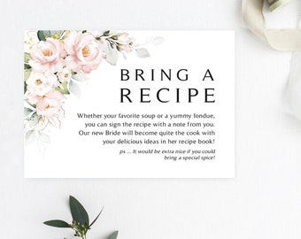 Pink Floral Please Bring a Recipe Card | 3.5 x 5 Card | Bring a Recipe Insert | Blush Roses | Pink Roses | Instant Download | DIY Printable