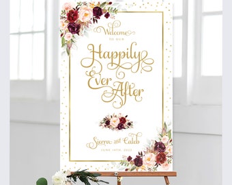 Burgundy Floral Happily Ever After Sign  | Wedding Welcome  | Floral Wedding | Marsala Blooms Greenery | DIY Printable