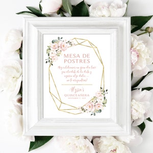 Letrero para mesa de postres con flores rosas / Letrero para mesa de dulces / Rosas rosas / Personalizado / Letrero personalizado / Rosas ruborizadas / Imprimible para hacer tú mismo