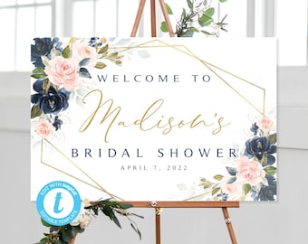 Blush and Navy Shower Welcome Sign | Bridal Shower | Editable Template | Templett | 24 x 36 |  Blush and Navy Greenery | Reception Sign