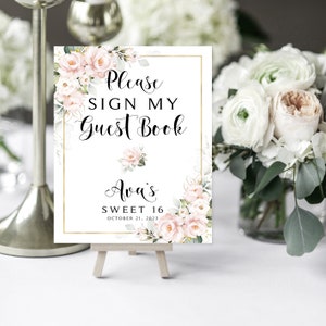 Pink Floral Guest Book Sign: Sweet 16, Birthday (DIY Printable)