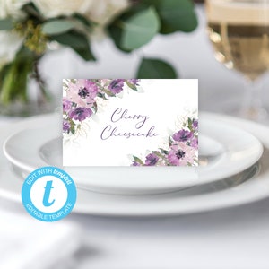 Voedselkaarten met paarse bloemen | Twee maten | Bewerkbare sjabloon | BEWERKEN met Templett | Plaatskaarten voor douches | Voedseletiketten | Paarse bloemen