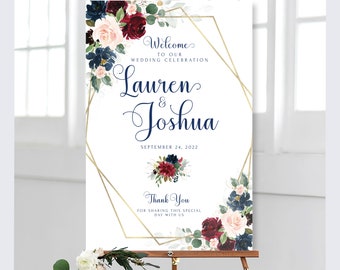 Burgundy and Navy Wedding Welcome Sign and Bonus Printable  | Welcome  | Large Wedding Welcome | Marsala Floral | Floral Welcome