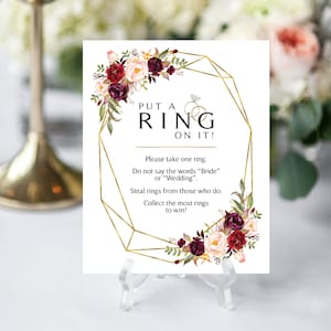 Burgundy Floral Put a Ring on It Sign  | 8 x 10 | Bridal Shower Game | Burgundy Flowers | Marsala Blooms | Instant Download |