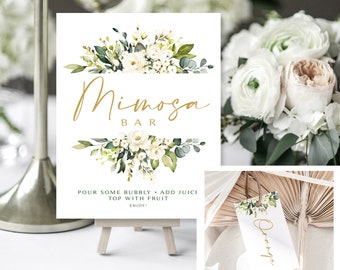 Greenery Mimosa Bar Sign and Juice Tags | 8 x 10  | Mimosa Sign | Cream Roses | Instant Download | DIY Printable