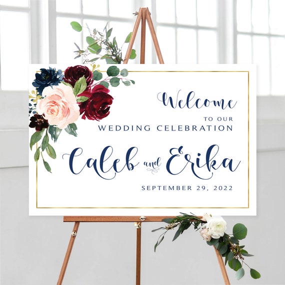  Burgundy and Navy Wedding Welcome Sign Printable, Editable  Wedding Sign Burgundy and Navy Blush Flowers Decor, Rustic Welcome Wedding Sign  Stand, Personalized Welcome Sign for Wedding, Wedding Decor, Plastic Sign