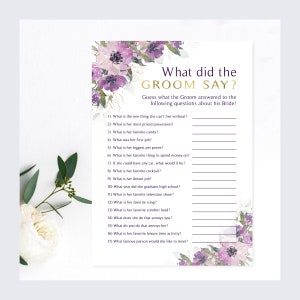Purple Floral Bridal Shower Game: What Did the Groom Say (DIY Printable)