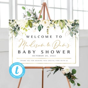 Greenery Baby Shower Welcome Sign: Cream Roses (Editable Template)
