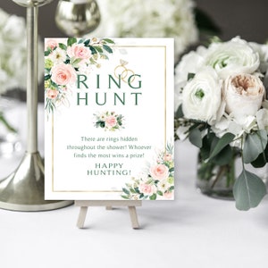 Floral Bridal Ring Hunt Game: Pink Roses, Greenery (Instant Download)