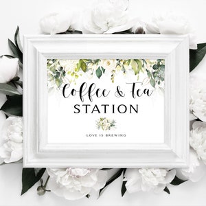 Greenery Coffee and Tea Station Sign Two Sizes Greenery Cream Roses ...