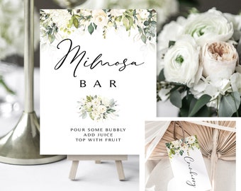 Greenery Mimosa Bar Sign and Juice Tags | 8 x 10  | Mimosa Sign | Cream Roses | Instant Download | DIY Printable