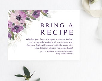 Purple Floral Please Bring a Recipe Card | 3.5 x 5 Card | Bring a Recipe Insert | Purple Flowers | Instant Download | DIY Printable