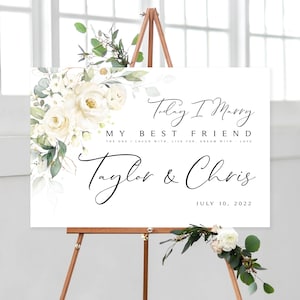 Panneau de bienvenue pour mariage Greenery : roses crème et blanches (impression numérique)