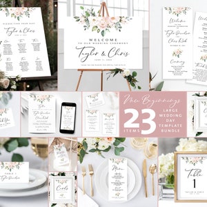 Pink Floral Wedding Templates Bundle | Wedding Day Signs | Wedding Stationery | 23 Templates | Blush Roses | Pink Roses | EDIT with Templett