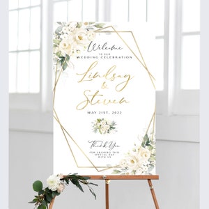Panneau de bienvenue pour mariage Greenery : roses crème et blanches (téléchargement numérique)