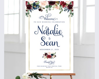 Burgundy and Navy Wedding Welcome Sign  | Welcome Wedding | Personalized | Custom Sign | Marsala Floral | Burgundy and Navy | DIY Printable