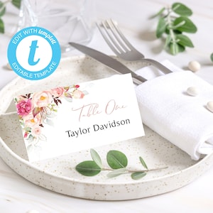 Modelo de cartões de lugar com flores rosas | Plano e dobrado | 2 modelos editáveis | Cartões de nome de casamento | Cartões de assentos florais | Assentos de casamento