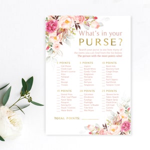 Spel roze bloemen vrijgezellenfeest | Wat zit er in je portemonnee? | 5 x 7 spelkaarten | Romantische bloemen | Roze rozen | Direct downloaden | DIY-afdrukbaar