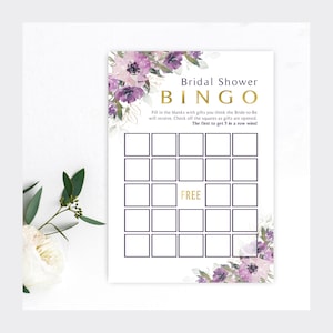 Bingo de despedida de soltera con flores moradas / Bingo nupcial / Tarjetas de juego de 5 x 7 / Flores moradas con vegetación / Descarga instantánea / Imprimible para hacer uno mismo