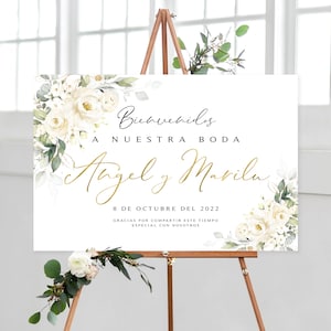 Greenery Wedding Welcome Sign: Cream & White Roses (Digital Download)