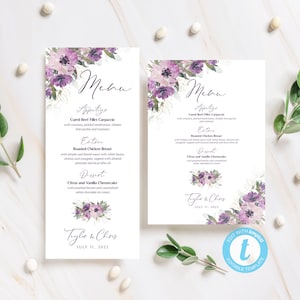 Menu de mariage floral violet | Modèle modifiable | EDIT avec Templett | 2 tailles | Carte de menu | Fleurs violettes | Mariage violet