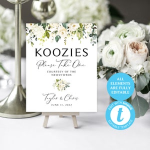 Greenery Wedding Koozies Sign | EDIT with Templett | Two Print Sizes | Instant Download | Wedding Koozies | Cream Roses | Printable