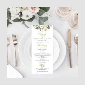 Greenery Order of Events Tellerkarte | Ereigniszeitleiste | Personalisiert | Benutzerdefiniertes Zeichen | Creme Rosen im Grünen | Zum Selberdrucken