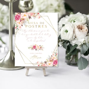 Mesa de Postres-bord | Sweet Table-bord | Gepersonaliseerd | Aangepast bord | Roze bloemen | Romantisch bloemengroen | DIY-afdrukbaar