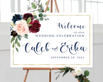 Burgundy and Navy Wedding Welcome Sign | Personalized | Custom Sign | Welcome Poster | Floral Themes | Floral Welcome | Burgundy and Navy |