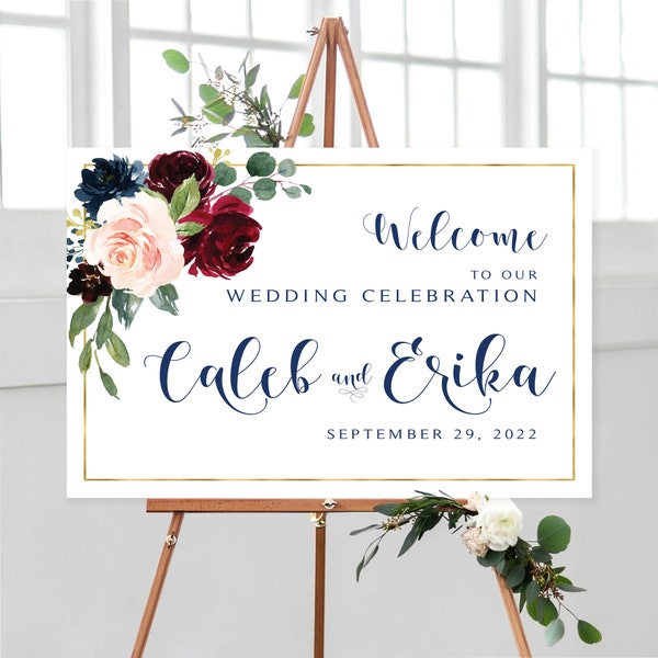 Burgundy and Navy Wedding Welcome Sign | Personalized | Custom Sign | Welcome Poster | Floral Themes | Floral Welcome | Burgundy and Navy |