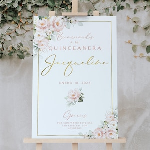 Cartello floreale rosa Quinceañera Bienvenidos con bonus (stampabile in digitale)
